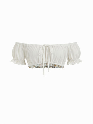 Linen-blend Off-shoulder Puff Sleeve Tie Front Crop Blouse