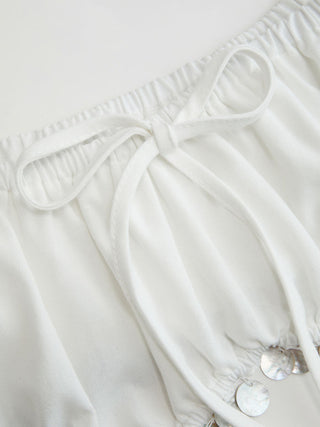 Linen-blend Off-shoulder Puff Sleeve Tie Front Crop Blouse