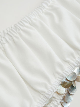Linen-blend Off-shoulder Puff Sleeve Tie Front Crop Blouse
