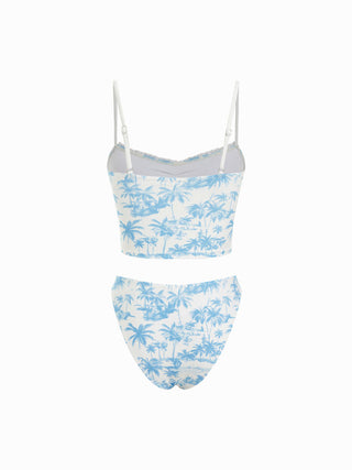 Sweetheart Floral Lace Trim Ruched Tankini Low Rise Cheeky Bikini Set