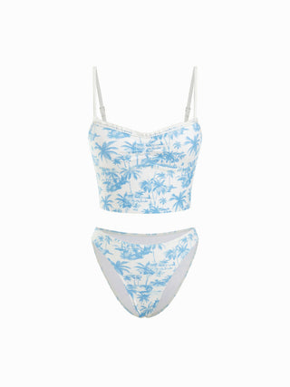 Sweetheart Floral Lace Trim Ruched Tankini Low Rise Cheeky Bikini Set