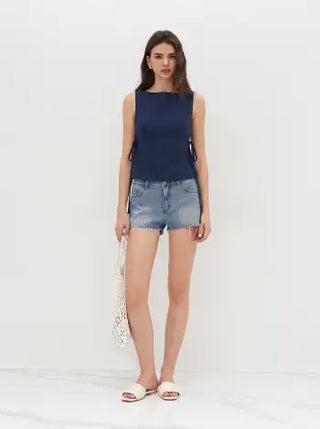 Linen-blend Linen-blend Boat Neck Tie Side Knotted Split Tank Top For Vacation