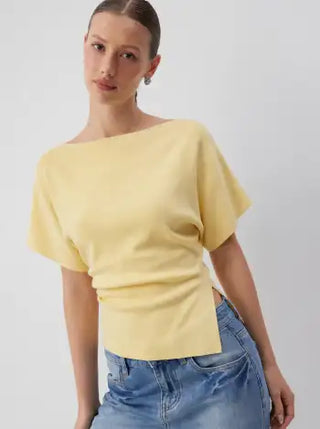 Knit Fabric Knit Boat Neck Asymmetrical Hem Spilt Batwing Sleeve Top  For Daily Casual Work