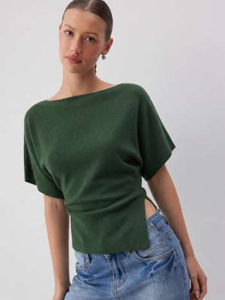 Knit Fabric Knit Boat Neck Asymmetrical Hem Spilt Batwing Sleeve Top  For Daily Casual Work