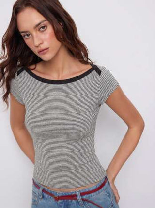 Knit Fabric Cotton-blend Striped Boat Neck Short Sleeve Tee For Daily Casual