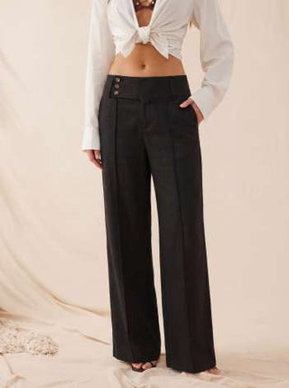Woven Linen-blend Low Rise Pleated Wide Leg Trousers For Daily Casual Work