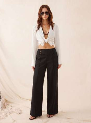 Woven Linen-blend Low Rise Pleated Wide Leg Trousers For Daily Casual Work