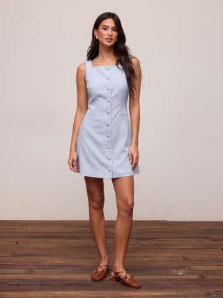 Linen-blend Linen-blend Braided Button Back Belt Square Neck Mini Dress For Daily Casual Work