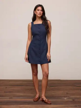 Linen-blend Linen-blend Braided Button Back Belt Square Neck Mini Dress For Daily Casual Work