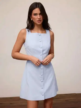 Linen-blend Linen-blend Braided Button Back Belt Square Neck Mini Dress For Daily Casual Work