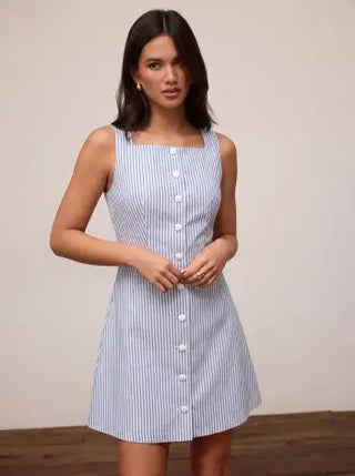 Linen-blend Linen-blend Braided Button Back Belt Square Neck Mini Dress For Daily Casual Work