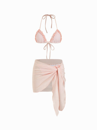 Textured Halter Neckline Striped Lettuce Trim Triangle Bikini Set With Sarong