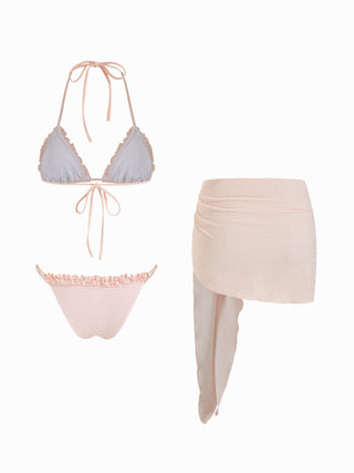 Textured Halter Neckline Striped Lettuce Trim Triangle Bikini Set With Sarong