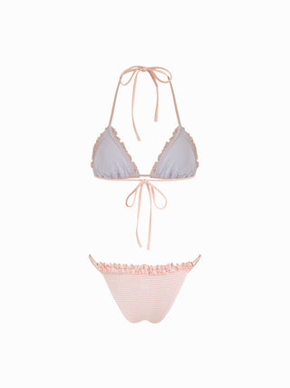 Textured Halter Neckline Striped Lettuce Trim Triangle Bikini Set With Sarong