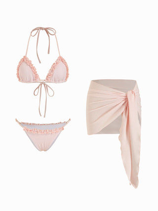 Textured Halter Neckline Striped Lettuce Trim Triangle Bikini Set With Sarong