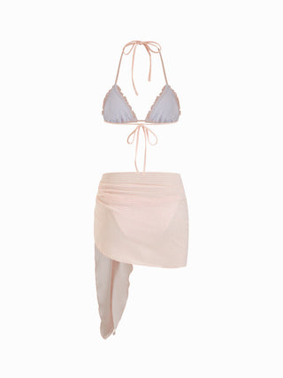 Textured Halter Neckline Striped Lettuce Trim Triangle Bikini Set With Sarong