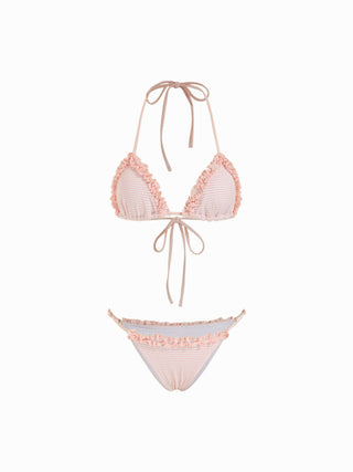Textured Halter Neckline Striped Lettuce Trim Triangle Bikini Set With Sarong