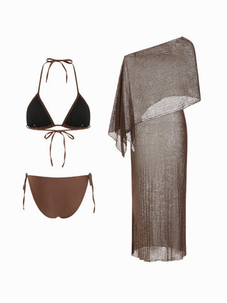 Halter Neckline Triangle Tie Side Bikini Set with Poncho Top & Maxi Skirt Cover Up