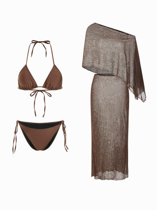 Halter Neckline Triangle Tie Side Bikini Set with Poncho Top & Maxi Skirt Cover Up
