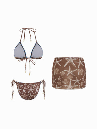 Halter Triangle Starfish Graphic Low Rise 3 Piece Bikini Set With Skirt