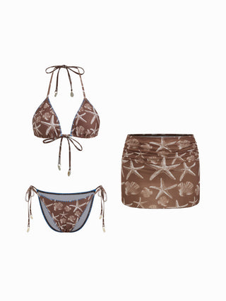 Halter Triangle Starfish Graphic Low Rise 3 Piece Bikini Set With Skirt