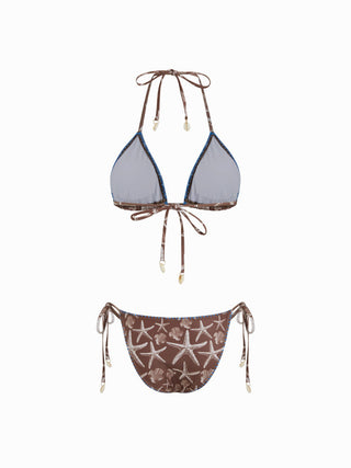 Halter Triangle Starfish Graphic Low Rise 3 Piece Bikini Set With Skirt