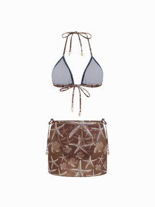 Halter Triangle Starfish Graphic Low Rise 3 Piece Bikini Set With Skirt