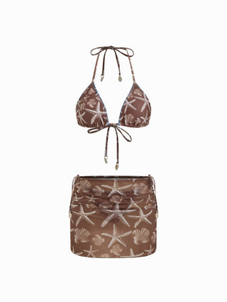 Halter Triangle Starfish Graphic Low Rise 3 Piece Bikini Set With Skirt