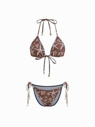 Halter Triangle Starfish Graphic Low Rise 3 Piece Bikini Set With Skirt