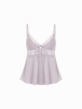Satin V-neck Lace Trim Cami Top & Mid Rise Lace Hem Shorts Loungewear Set
