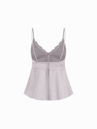 Satin V-neck Lace Trim Cami Top & Mid Rise Lace Hem Shorts Loungewear Set