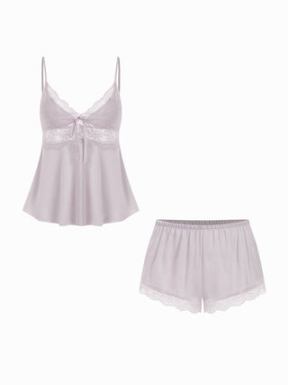 Satin V-neck Lace Trim Cami Top & Mid Rise Lace Hem Shorts Loungewear Set