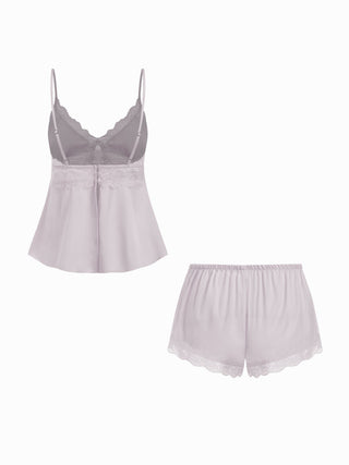 Satin V-neck Lace Trim Cami Top & Mid Rise Lace Hem Shorts Loungewear Set