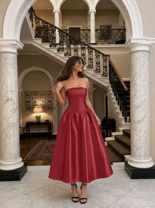 Satin Satin Sculptural High Rise Strapless Bowknot Flared Maxi Dress For Party/Clubbing Wedding