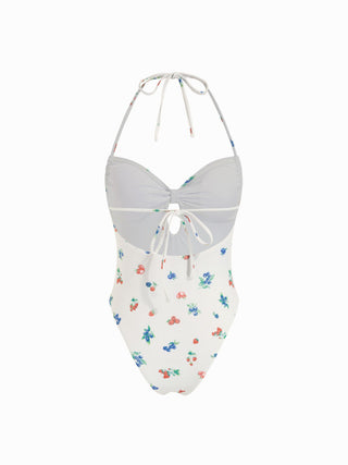 Halter Neckline Fruit Graphic Cut Out Ruched One Piece Swimsuit