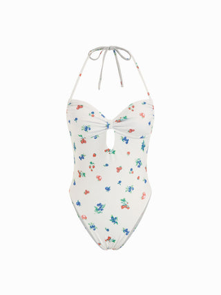 Halter Neckline Fruit Graphic Cut Out Ruched One Piece Swimsuit