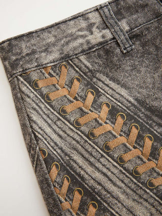 Denim Acid Wash Lace-Up Zip Mini Skirt