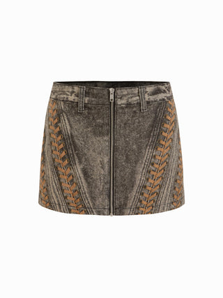 Denim Acid Wash Lace-Up Zip Mini Skirt