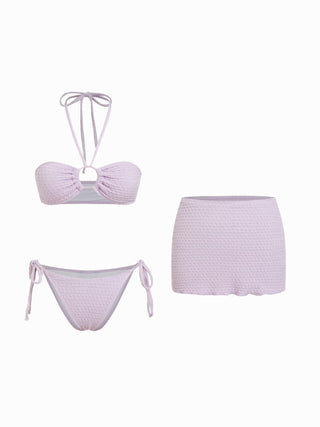 Halter Neckline Textured Ring Linked Bandeau Tie Side Bikini Set With Skirt
