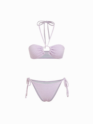Halter Neckline Textured Ring Linked Bandeau Tie Side Bikini Set With Skirt