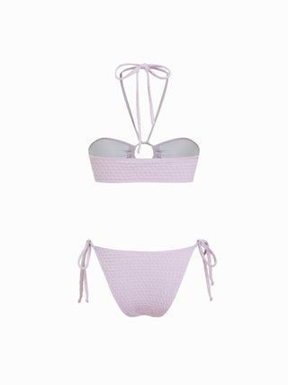 Halter Neckline Textured Ring Linked Bandeau Tie Side Bikini Set With Skirt