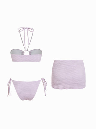Halter Neckline Textured Ring Linked Bandeau Tie Side Bikini Set With Skirt