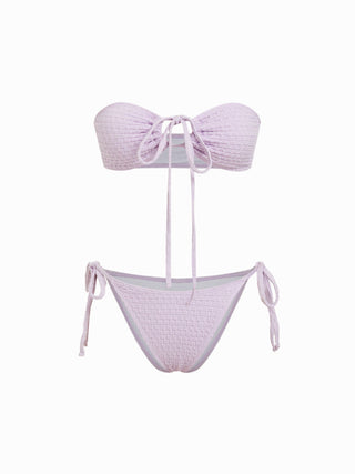 Halter Neckline Textured Ring Linked Bandeau Tie Side Bikini Set With Skirt
