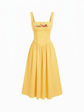 Linen-blend Square Neck Fruit Embroidery Flared Maxi Dress
