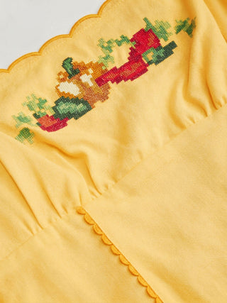 Linen-blend Square Neck Fruit Embroidery Flared Maxi Dress