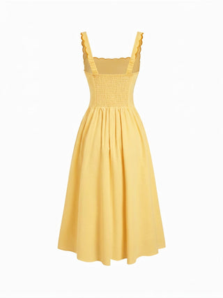 Linen-blend Square Neck Fruit Embroidery Flared Maxi Dress