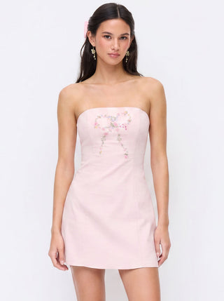 Linen-blend Floral Bowknot Embroidery Lace up Flared Mini Dress