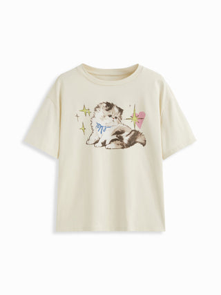 Cotton-blend Cat Graphic Short Sleeve Oversized Tee