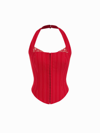 Striped Halter Neckline Lace Trim Corset Cami Blouse
