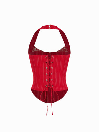 Striped Halter Neckline Lace Trim Corset Cami Blouse